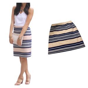 Ann Taylor Women's Career Striped Blue Gray Peach, Pencil Skirt, Lined, Size 8